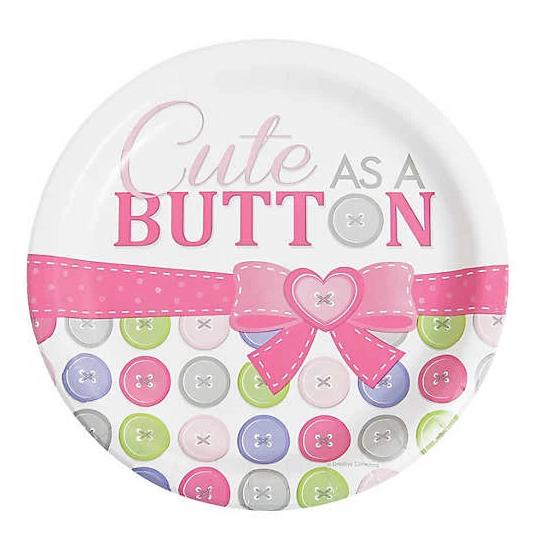 Cute as a Button, Paper Party Plates, 8pcs, Pink