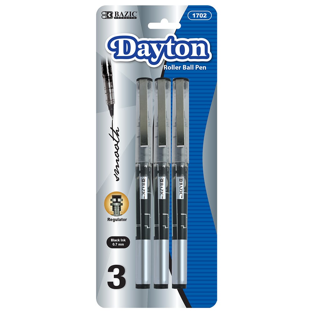 BAZIC DAYTON ROLLERBALL PEN WITH METAL CLIP 3 PACK- Black