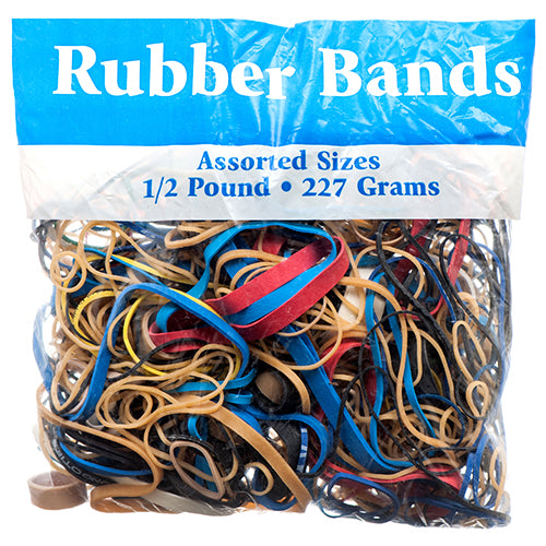 BAZIC  RUBBER BANDS MULTI COLORS & SIZES.  227G/0.5 LBS.