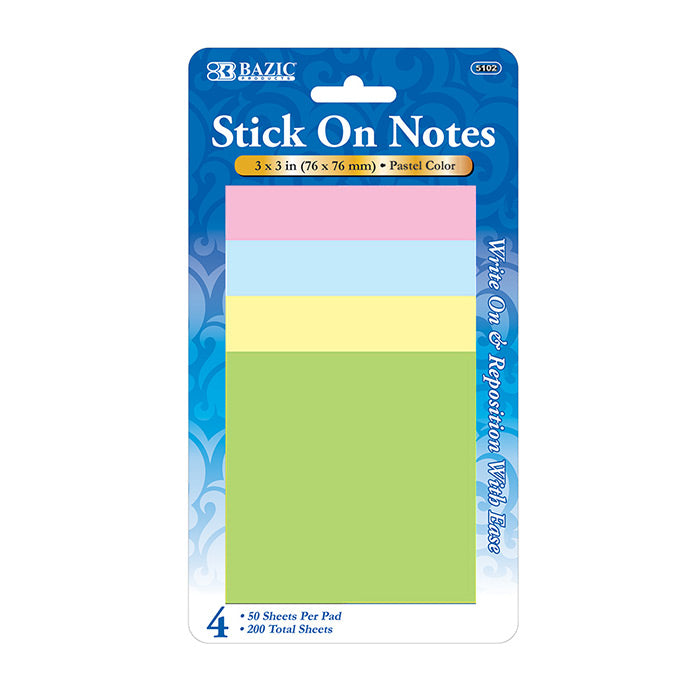BAZIC 40 SHEET 3" X 3" STICK ON- LINED- NOTES 3 PACK (7.62x7.62cm)