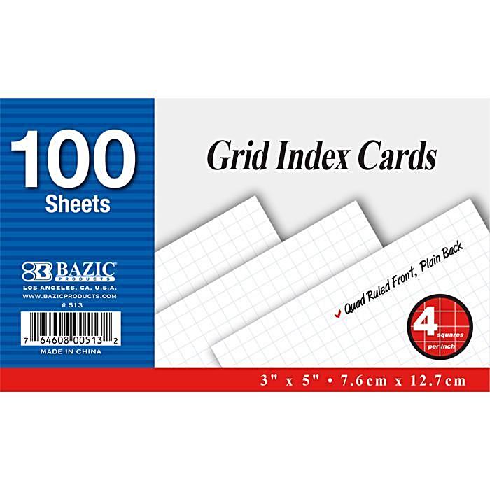 BAZIC 100 SHEET QUAD RULED 4-1" WHITE INDEX CARD 3” X 5” (7.6 x 12.7cm)