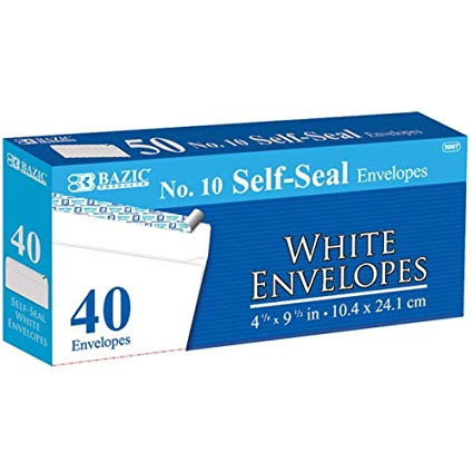 BAZIC NO.10 SELF-SEAL WHITE ENVELOPES 40 COUNT (10.4x24.1cm)