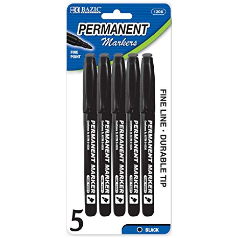 BAZIC BLACK FINE TIP PERMANENT MARKERS WITH POCKET CLIP, 5 PACK