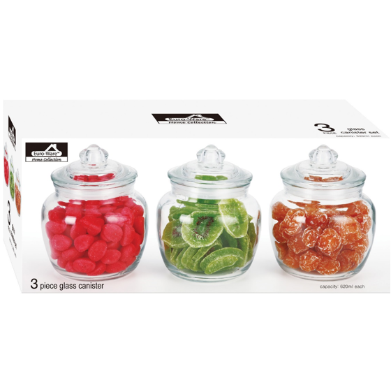 EURO-WARE 3 PIECE 620ml/each  GLASS CANISTER SET