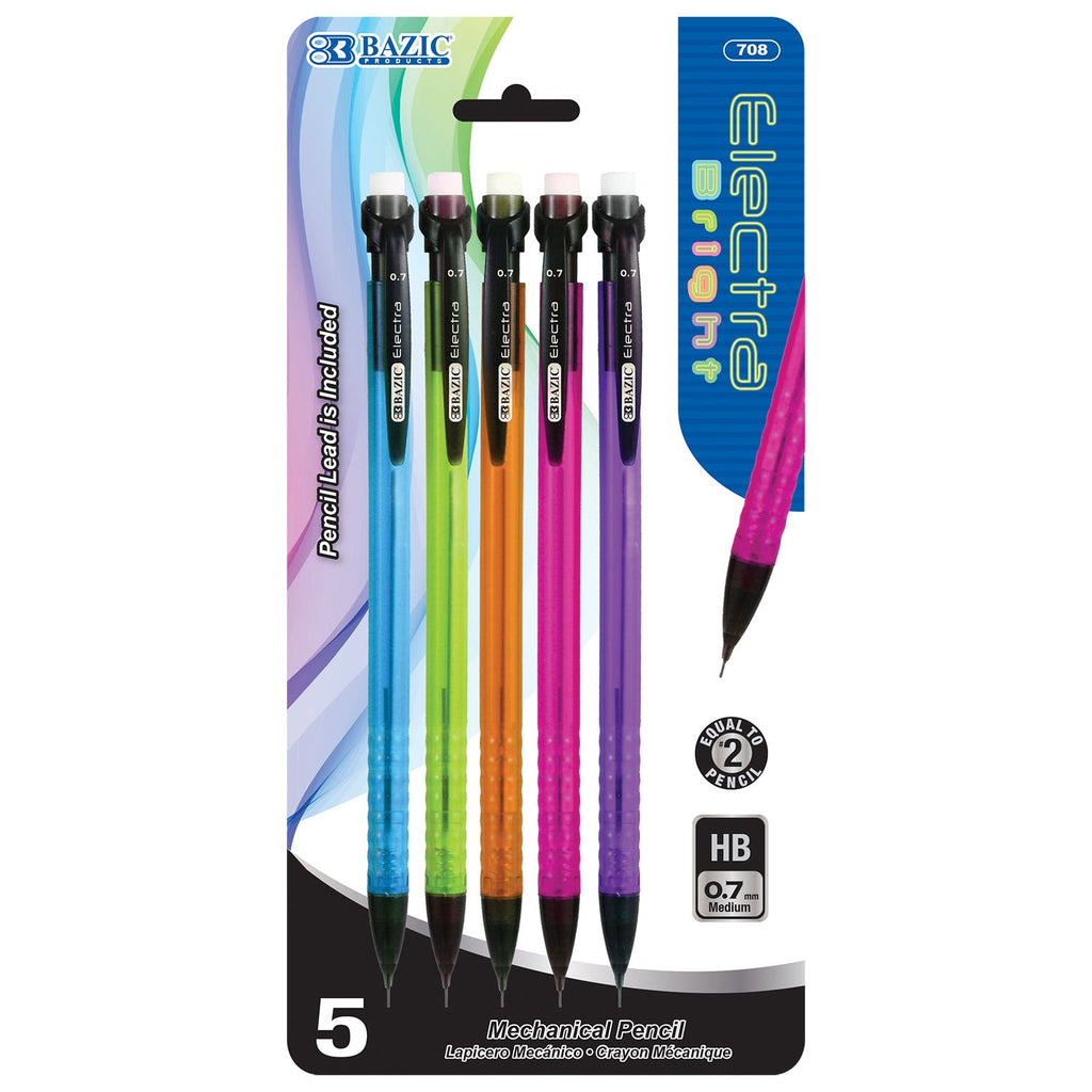 BAZIC ELECTRA 0.7MM FASHION COLOR MECHANICAL PENCIL 5 PACK