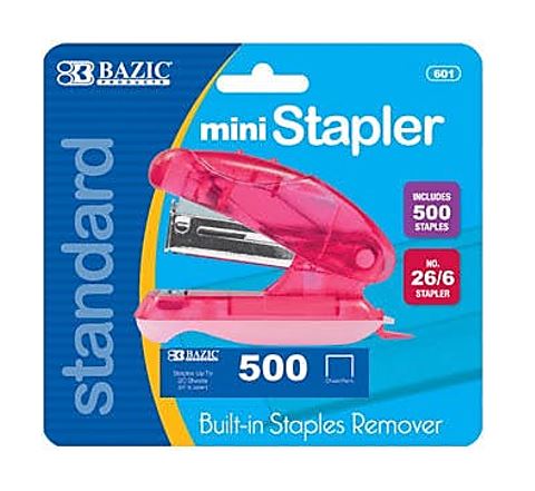 BAZIC MINI STANDARD STAPLER w/500 STAPLES - PINK