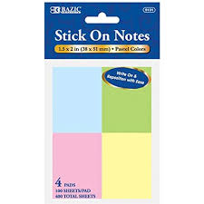 BAZIC 100 SHEETS 1.5" X 2" STICK ON NOTES (4 PACK) - 3.8 x 5cm