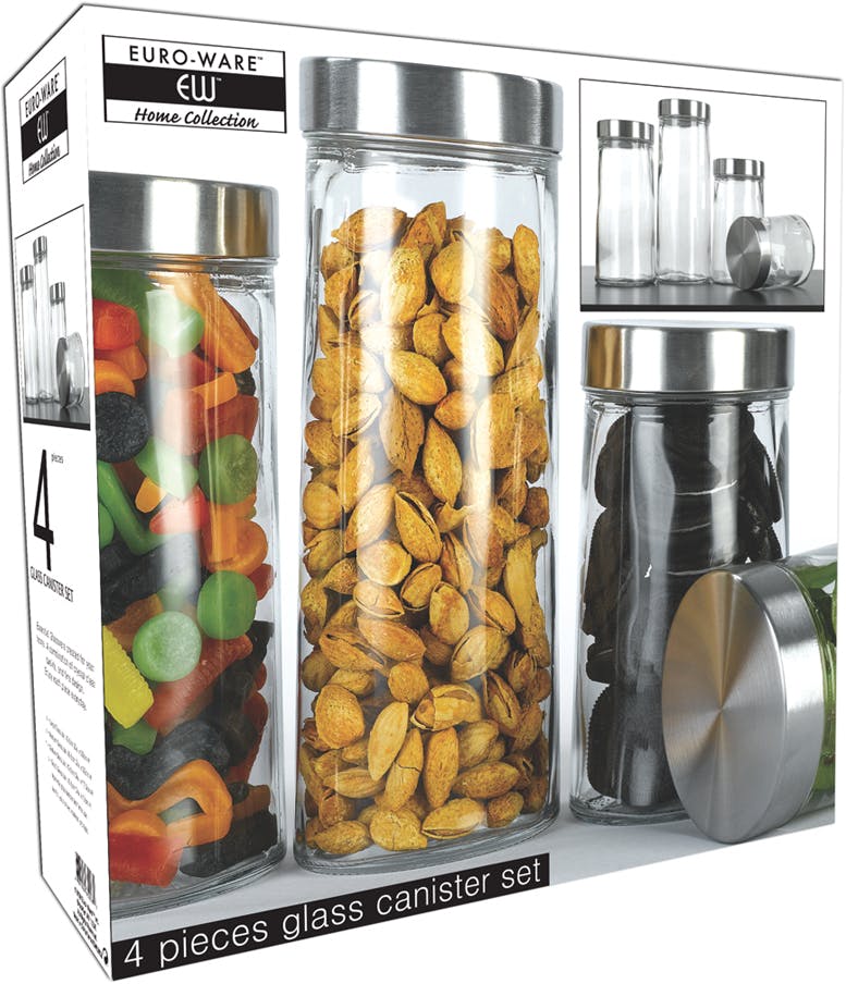 EURO-WARE 4-PIECE GLASS CANISTER SET WITH LIDS CHROME