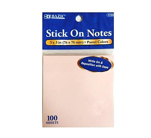 BAZIC 100 SHEETS 3"X 3"  - PINK - STICK ON NOTES