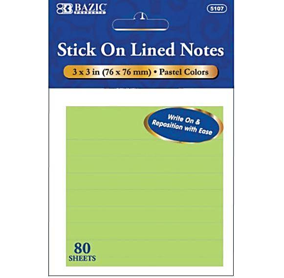 BAZIC 80 SHEETS 3" X 3" LINED STICK ON NOTES