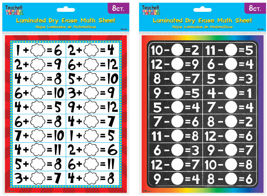 8ct  LAMINATED DRY ERASE MATH SHEETS, ADDITION AND SUBTRACTION size (21cm x 28cm)